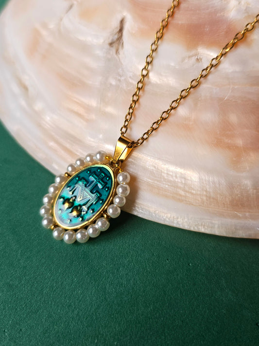 Colar Santa - Medalha Milagrosa - Resinada Turquesa