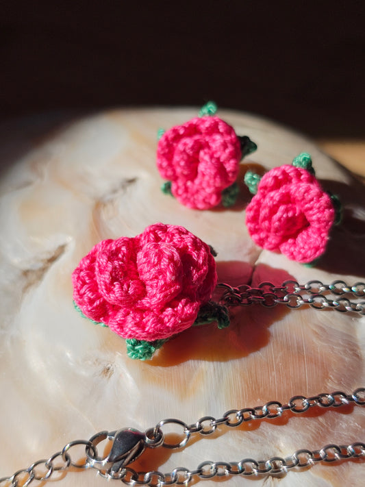 Conjunto Rosas - Rosa Fushia - em Croché