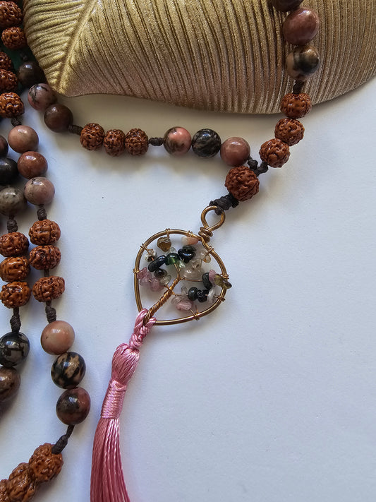 Japamala em Rudraksha e Rodonite