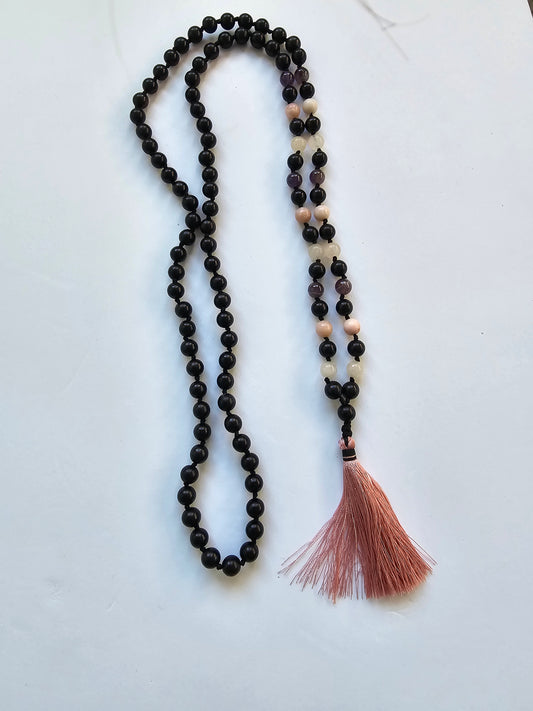 Japamala em Madeira e Ametista, Opala Rosa e Quartzo Rosa - Amor, Intuição e Cura