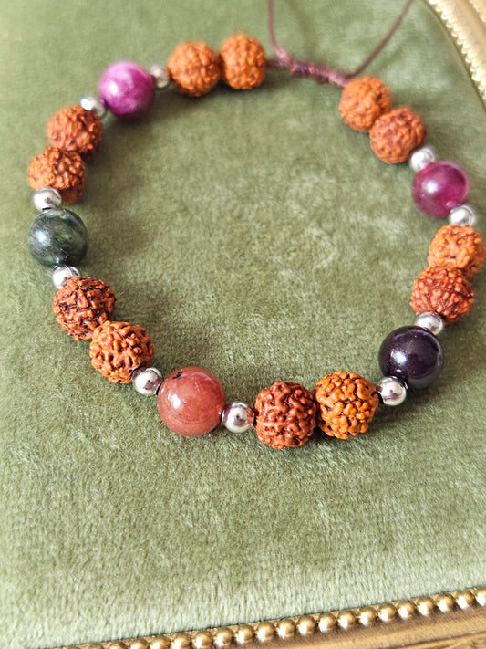 Pulseira em Rudraksha e Turmalina Melancia