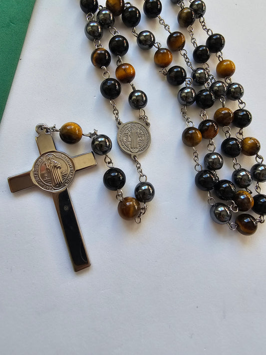 Terço 4 Proteções – São Bento, Olho de Tigre, Hematite e Turmalina Negra