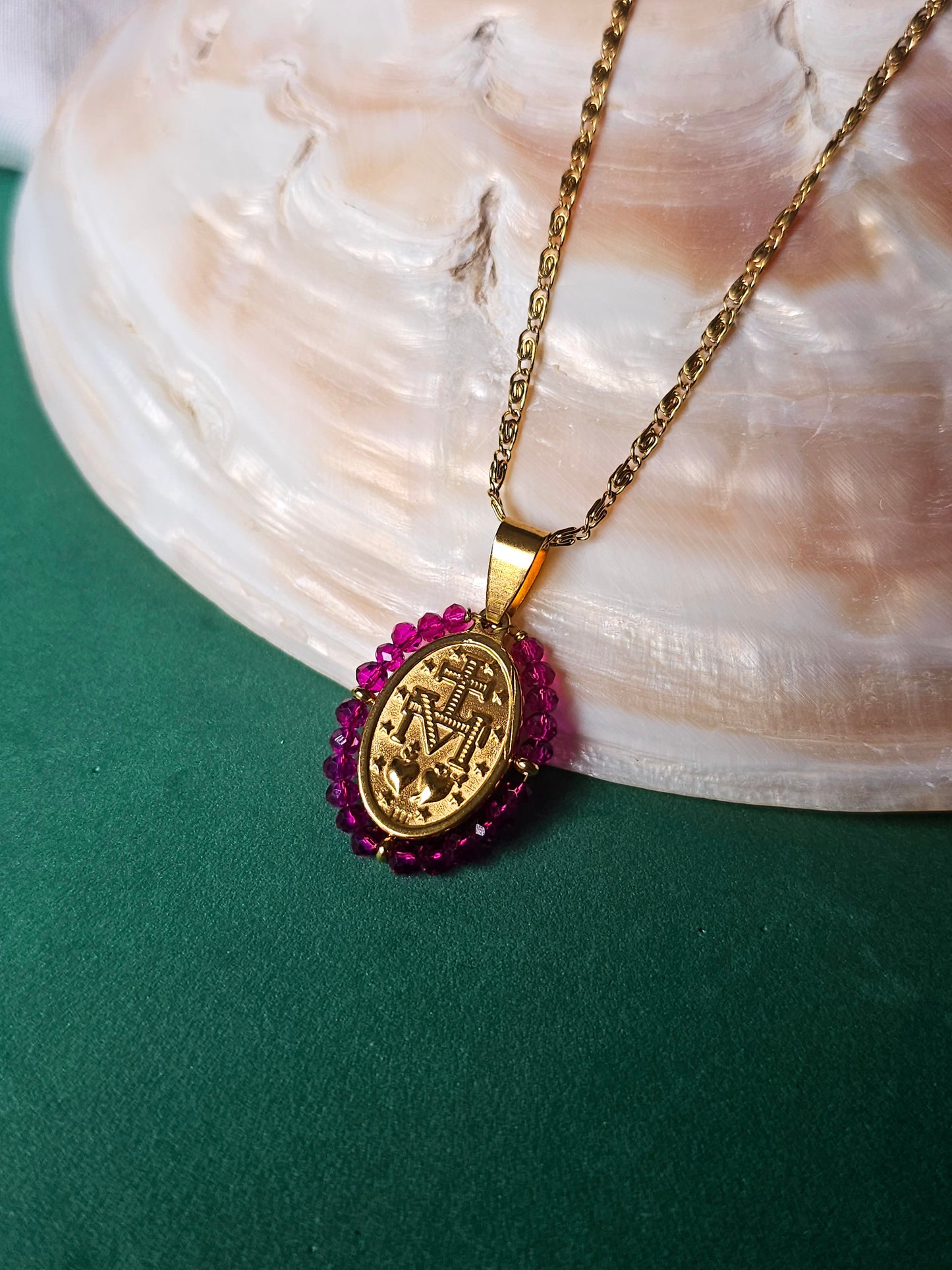 Colar Santa - Medalha Milagrosa - Rosa Fushia