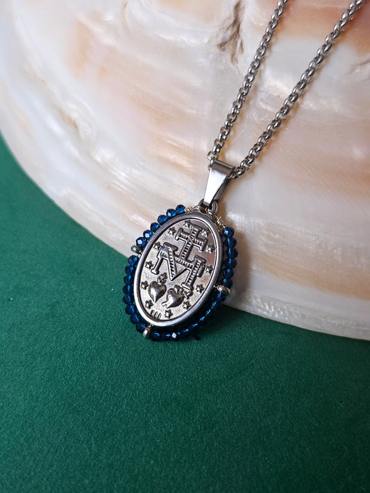 Colar Santa - Medalha Milagrosa - Azul Marinho