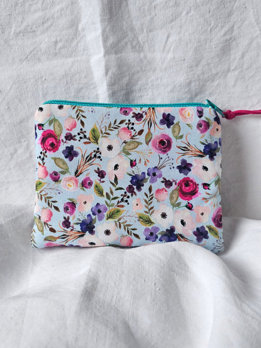 Bolsinha simples Porta-Moedas - Flores Fundo Azul