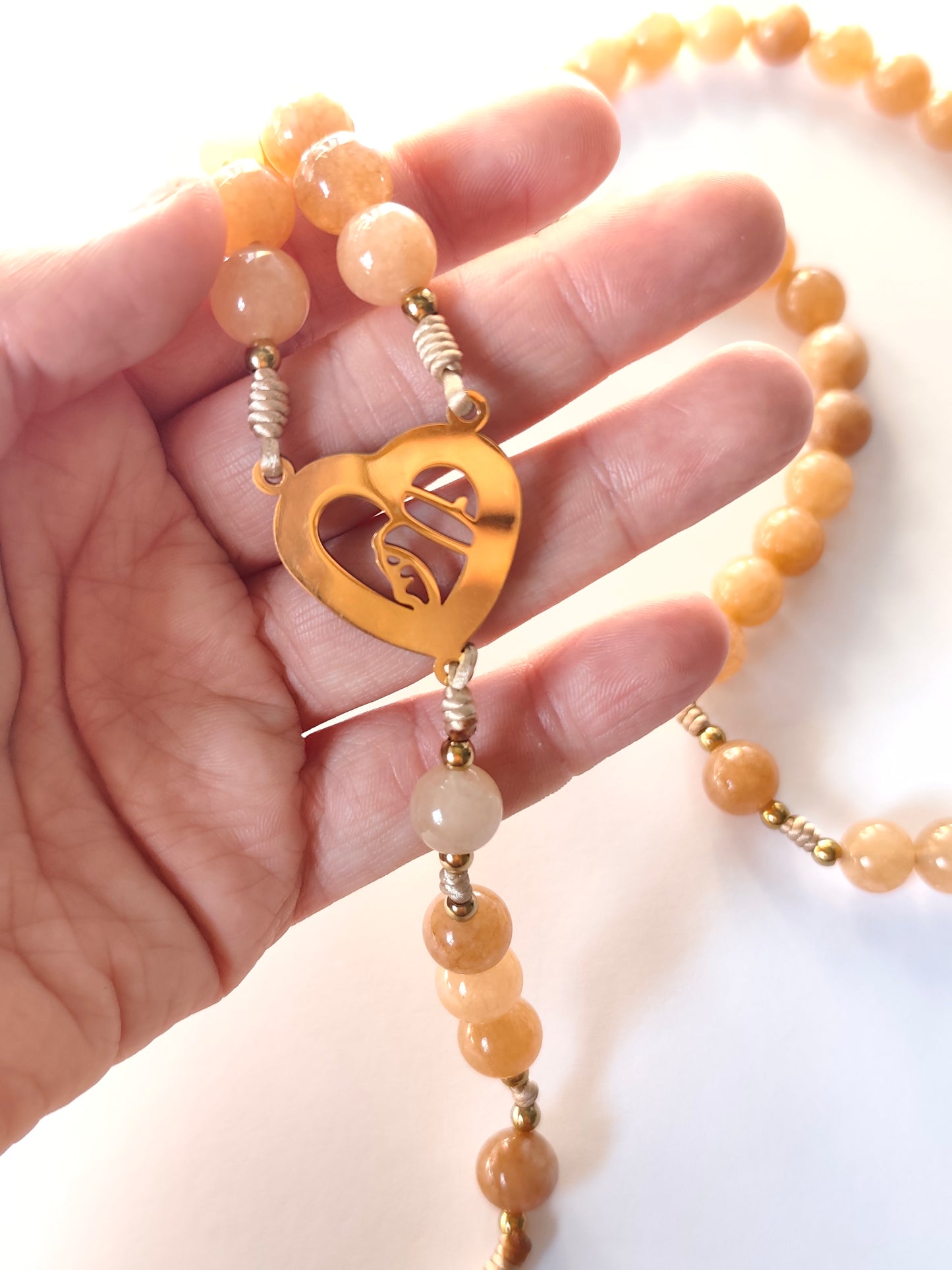 Terço Grande - Pedra Natural Jade -Imitacao de Pedra do Sol - Com Nossa Senhora de Fátima