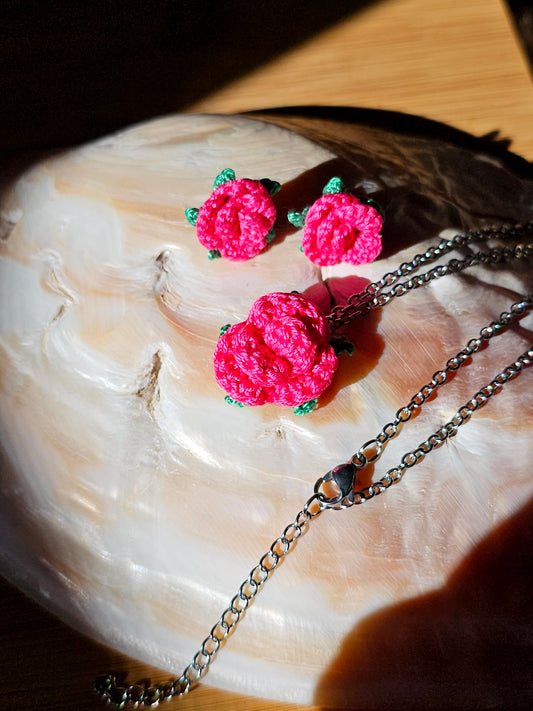 Conjunto Rosas - Rosa Fushia - em Croché