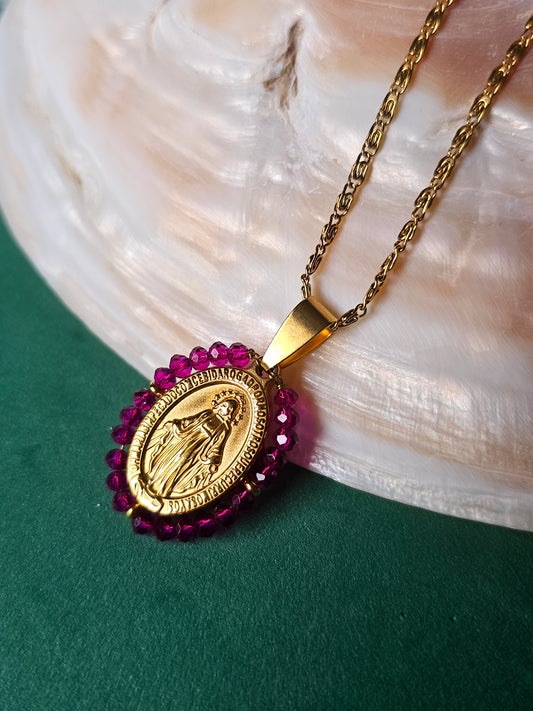 Colar Santa - Medalha  Milagrosa - Rosa Fushia