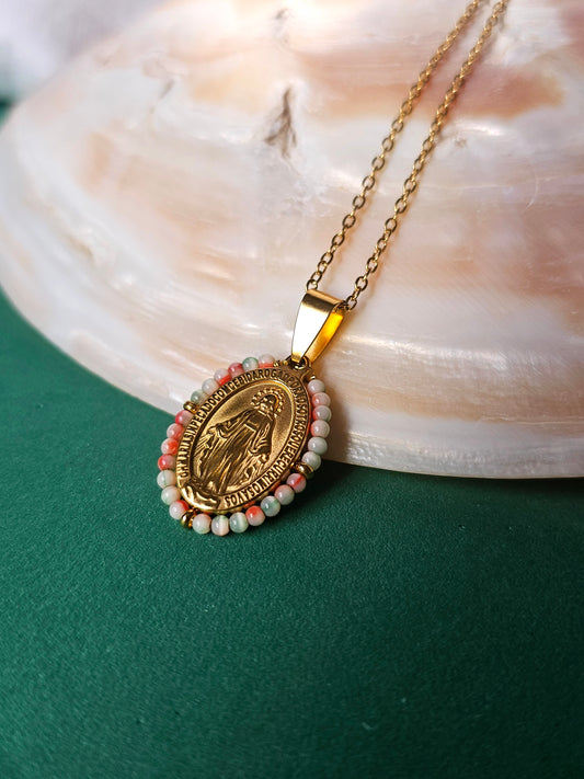 Colar Santa - Medalha  Milagrosa - Laranja, Branco e Verde