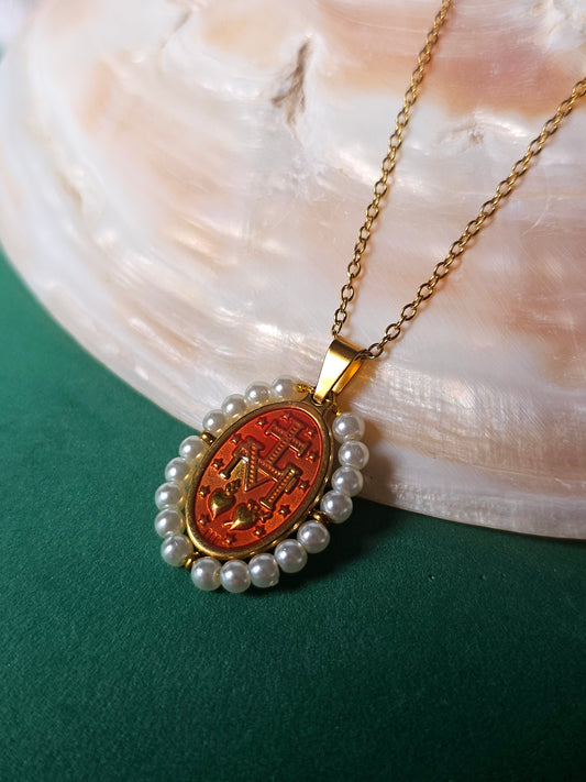 Colar Santa - Medalha  Milagrosa - Resinada Laranja