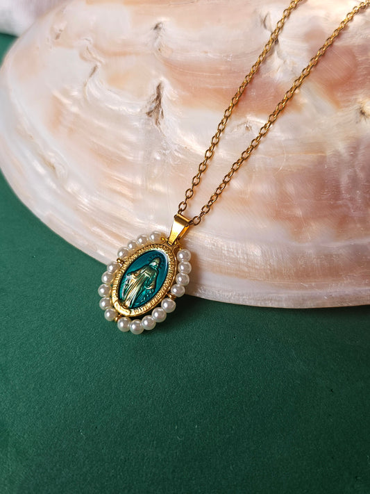 Colar Santa - Medalha  Milagrosa - Resinada Turquesa