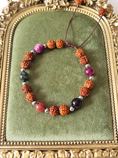 Pulseira em Rudraksha e Turmalina Melancia