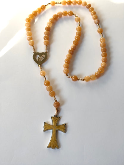 Terço Grande - Pedra Natural Jade -Imitacao de Pedra do Sol - Com Nossa Senhora de Fátima