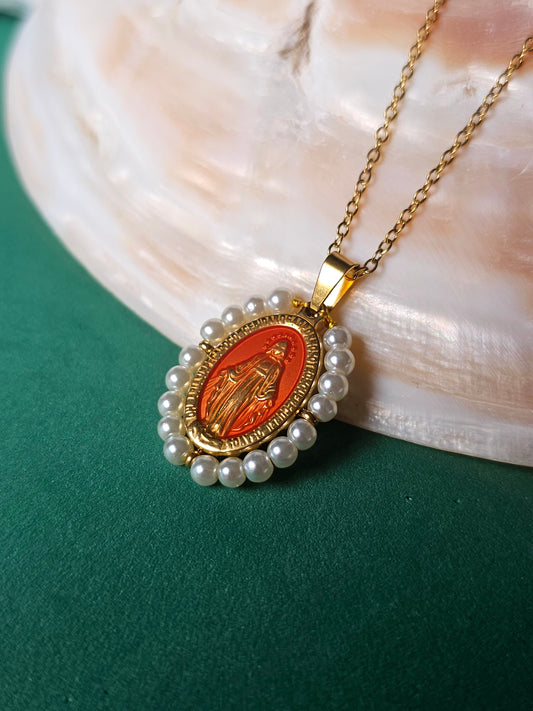 Colar Santa - Medalha  Milagrosa - Resinada Laranja